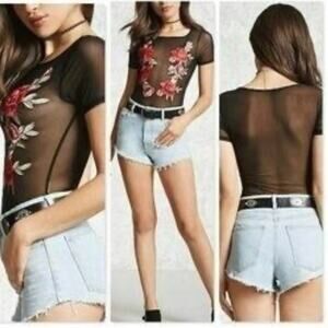 Forever 21 Black Mesh Rose Embroidered Bodysuit Small
